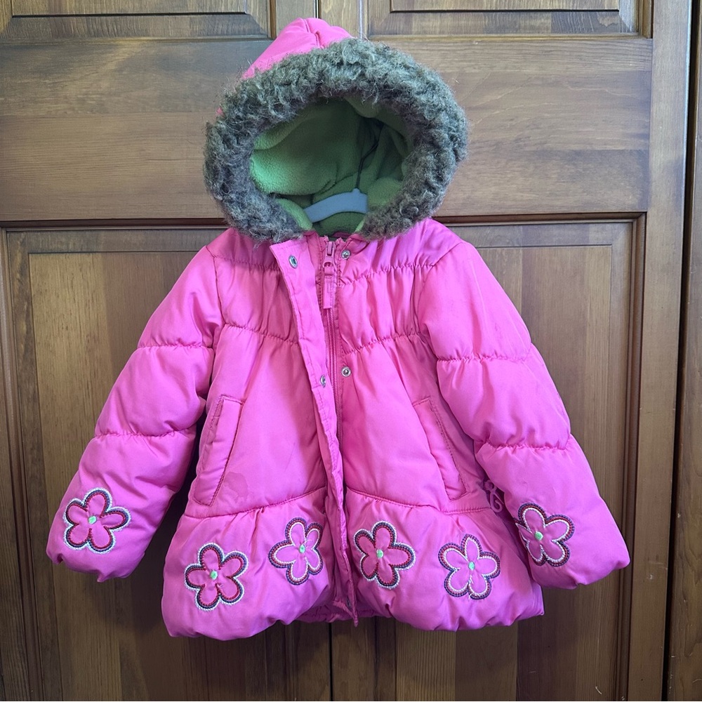 Rothschild Pink Hooded Winter Coat with Floral Embroidery- 18 months